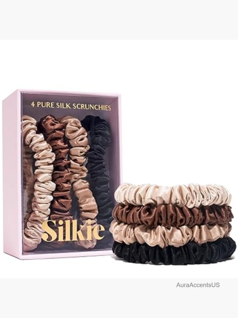 4-Pack Mulberry Silk Hair Scrunchies Skinny Elastics No Damage Pouch